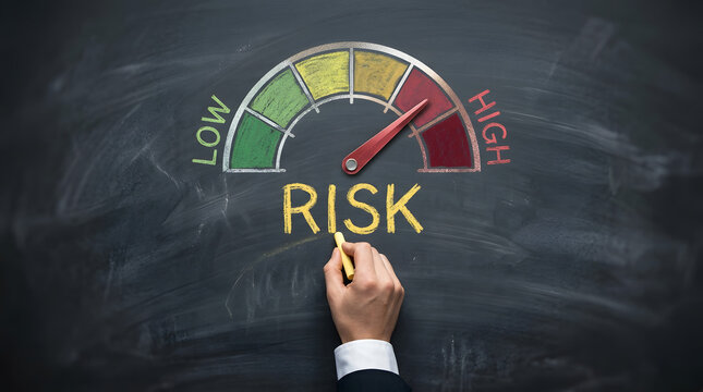 Hand in a suit drawing a risk gauge on a chalkboard with a low to high scale, colored segments in green, yellow, and red, and the word RISK written in yellow chalk below the gauge