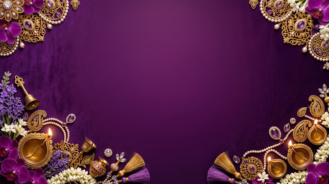 Diwali, Dussehra, Ganesh Chaturthi festive luxury purple banner flyer invitation background with orchids, brass diyas, jasmine garland, decorative ornaments and copy space illustration