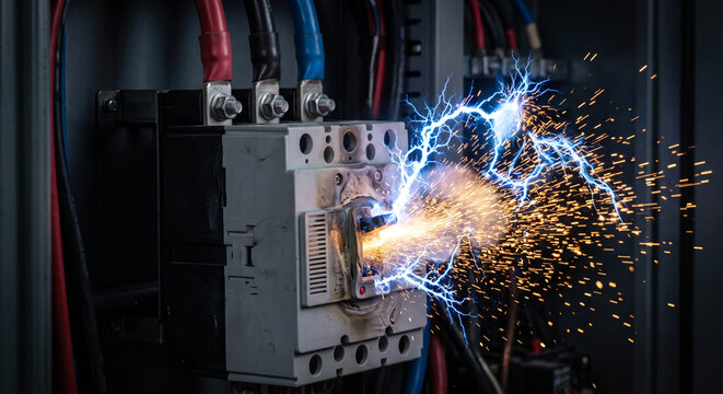 Electrical switchgear failing with intense electric arcing and flying hot sparks.