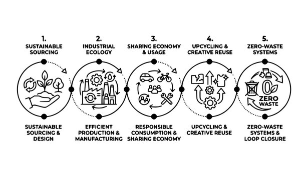 Green industrial circular economy process icons vector set with horizontal line art workflow graphics on white background