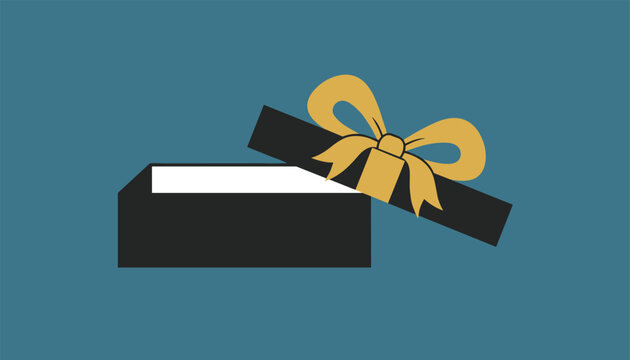 Open black gift box tied with a large golden bow on a solid blue background signifying surprise presents and festive celebration.