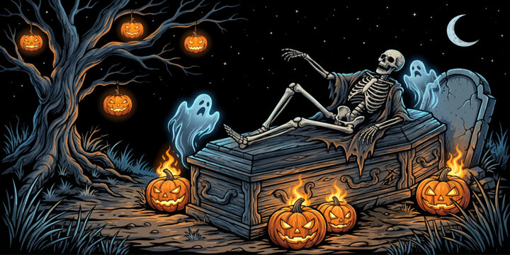 Skeleton Resting On Wooden Coffin Surrounded By Jack o lanterns A Dark Vector Illustration.