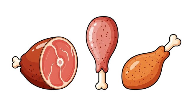 Illustration of ham and chicken drumsticks, various cuts, cartoon style