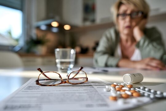 Besorgte Seniorin vor Arztrechnung und Medikamenten