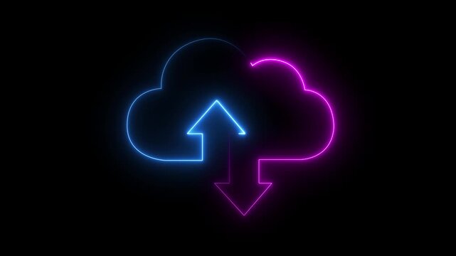 abstract Glowing neon cloud storage with arrows, looped animation. black background Cloud space and technology, data backup icon motion graphic of cloud storage with arrows concpte.