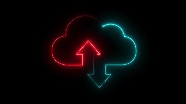 abstract Glowing neon cloud storage with arrows, looped animation. black background Cloud space and technology, data backup icon motion graphic of cloud storage with arrows concpte.
