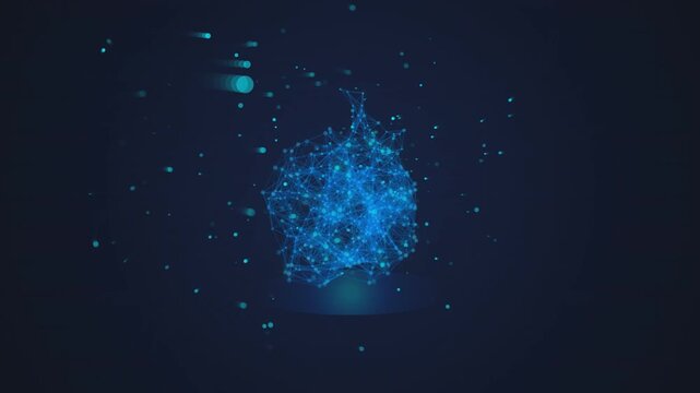 Blue digital apple shape formed by glowing network particles in dark motion graphic.