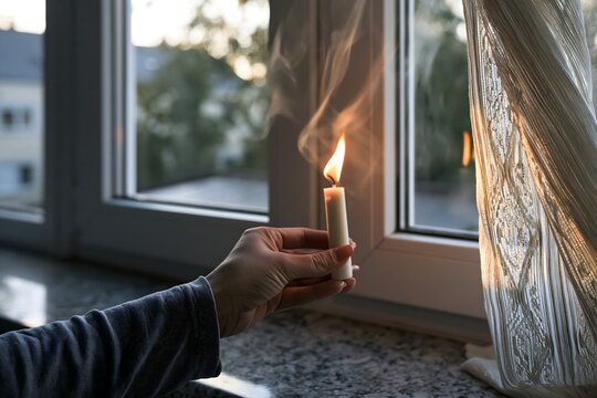Zugluft an einem Fenster mit einer Kerze &uuml;berpr&uuml;fen