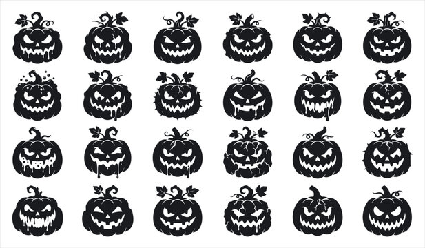 A collection of hand drawn spooky jack o lantern pumpkin faces for halloween decorations and festive seasonal graphic design