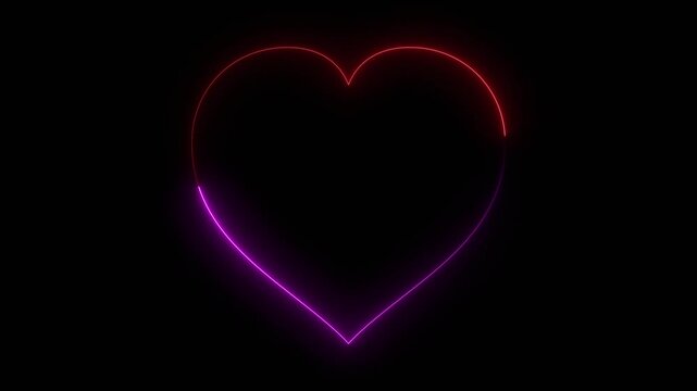 Glowing colorful neon heart symbol moving on black background love romance