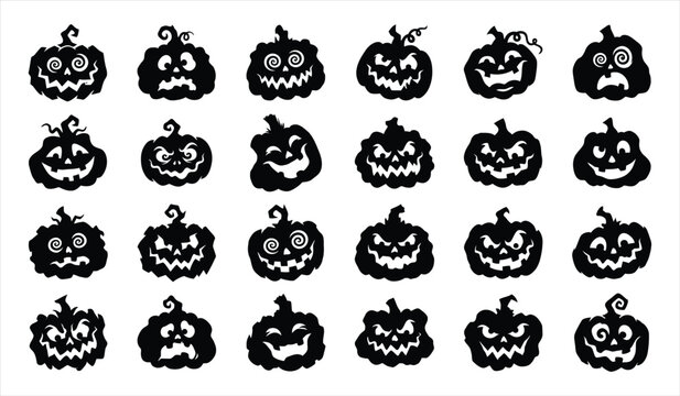 Set of hand drawn spooky pumpkin faces for halloween decorations and festive holiday design elements on white background