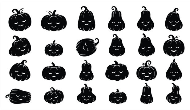 Set of various black silhouette jack o lantern pumpkin icons for creative halloween party decorations and festive graphic designs