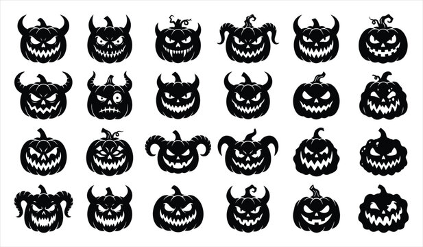 Set of scary halloween pumpkin faces with various spooky expressions isolated on a white background for holiday design projects