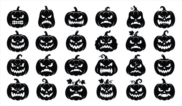 Set of various hand drawn scary jack o lantern pumpkin faces for halloween decorations and spooky holiday graphic design