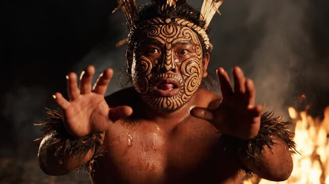 Māori Warrior Face Paint Tongue Out Fierce Haka Fire Dance Night Tribal