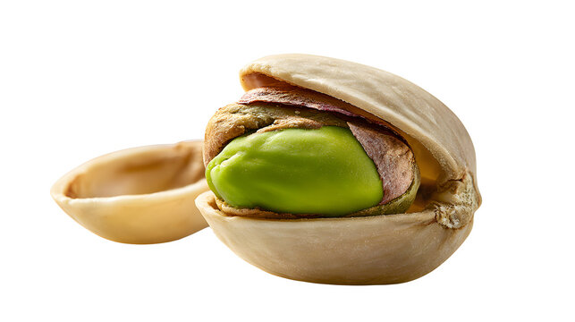 Open pistachio shell with green kernel and empty shell, isolated on white background