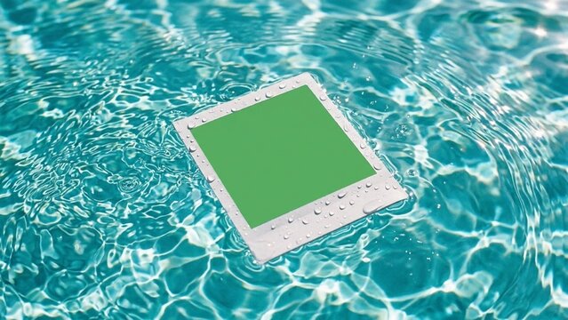White E-Reader with Green Screen Floating on Bright Blue Pool Water