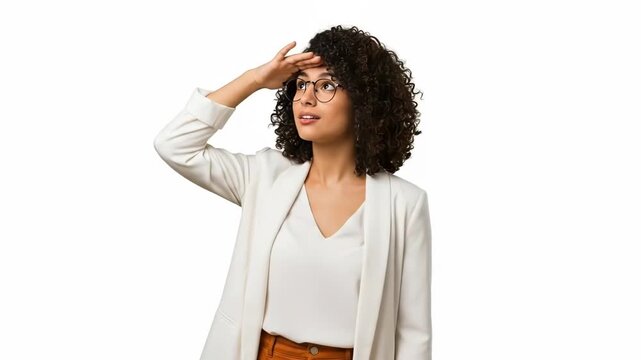 A young woman with curly hair shielding her eyes to look into the distance