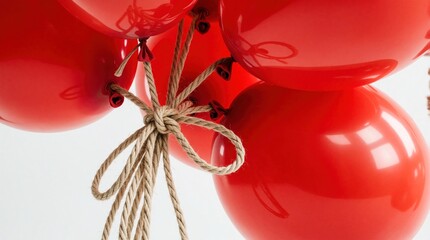 Obraz premium Bunch of shiny red balloons tied together with rustic twine rope. Bright round objects float against plain white background. Festive decor items create joyful atmosphere for birthday party