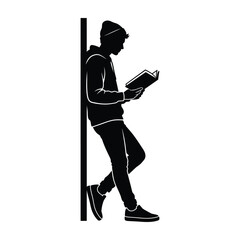Man reading book leaning against wall silhouette