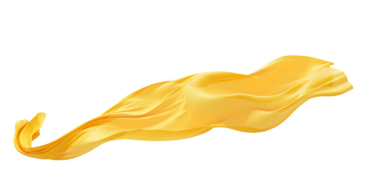 Sheer yellow fabric flowing in the wind isolated on transparent background with copy space 3D render
