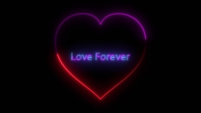 Glowing neon love forever text inside heart shape on dark background romance