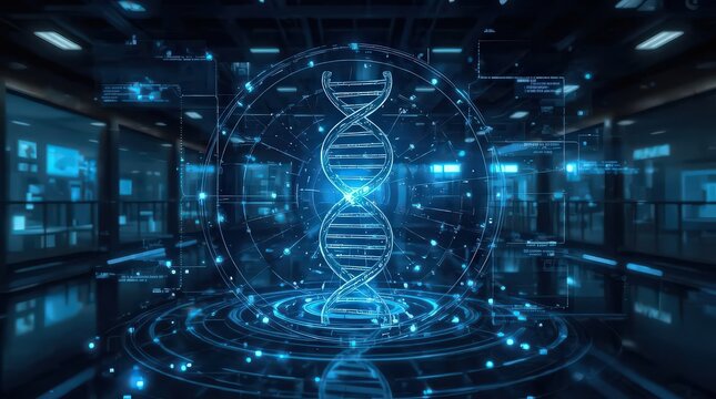DNA strand rotates inside a circular data interface surrounded by glowing nodes in a dark server room.