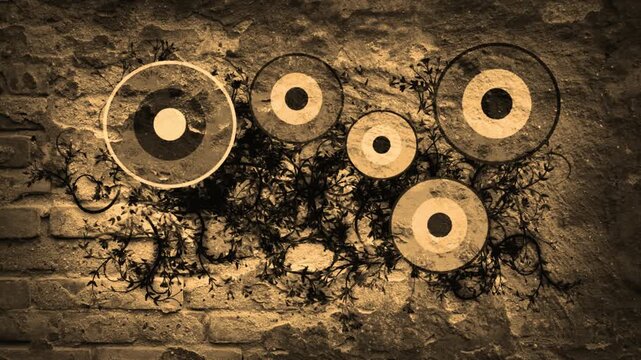 Distressed sepia-toned brick wall featuring abstract concentric target circles and grunge splatters.