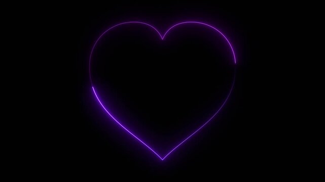 Glowing neon purple heart outline shape on black background love romance