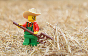 Fototapeta premium Lego minifigure of happy farmer with pitchfork or hayfork is doing in the natural dried grass field. Editorial illustrative image of popular plastic toy.