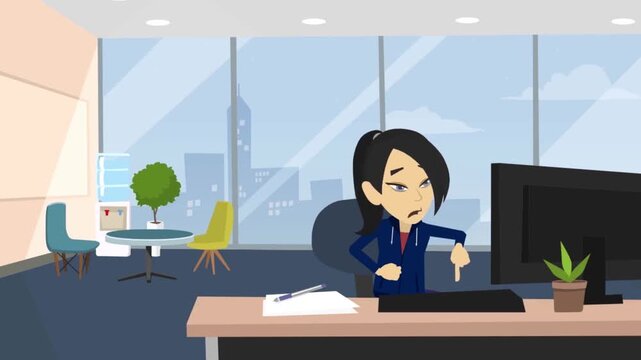 2D Animated Stressed Businesswoman Sitting Disappointed at Office Desk looking at Monitor Flat Vector Character Animation Footage