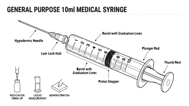 Medical syringe diagram with labeled parts, general purpose 10ml hypodermic needle vector, clinical injection equipment for healthcare education