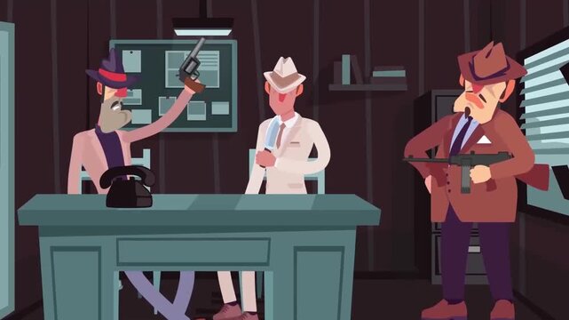 2D Animated Retro Gangster Mafia Boss and Bodyguard with Guns Talking in Dark Office Flat Vector Character Animation Footage