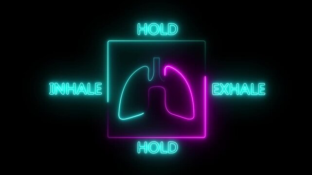 Glowing Neon Box Breathing Exercise Animation with Lungs Icon, Inhale Hold Exhale Cycle Guide for Meditation, Mindfulness, Stress Relief and Relaxation, 4K Motion Graphics..