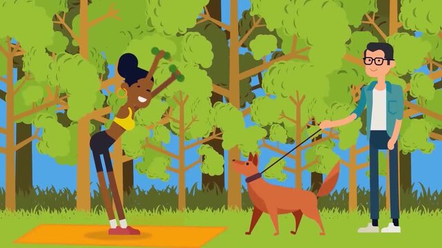 2D Animated Woman Stretching Fitness and Man Walking Red Dog on Leash in Park Flat Vector Character Animation Footage