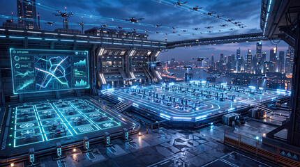 Fototapeta premium Futuristic command center monitoring a glowing automated urban facility at night features advanced digital data displays and wide neon illuminated infrastructure overlooking a city skyline vista.