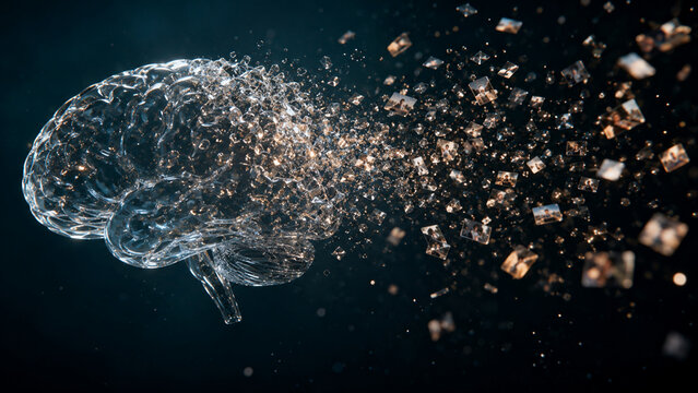 Abstract 3d digital human brain shattering into golden particles loop concept for neuroscience and artificial intelligence technology