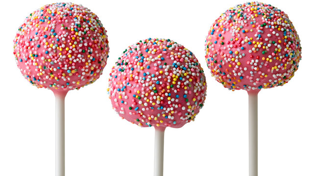 Pink cake pop with colorful sprinkles, isolated on white background
