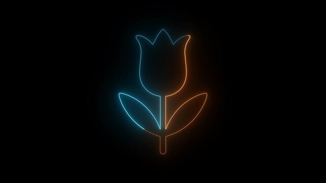 Cyan and orange gradient neon tulip flower icon graphic glowing sign light