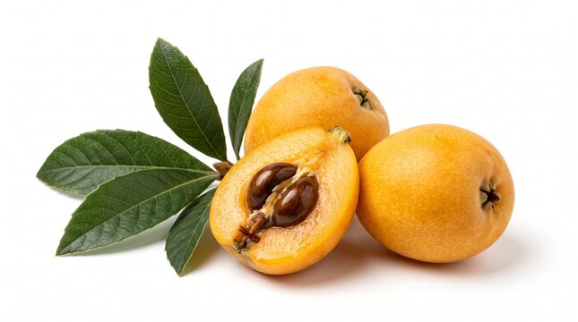 Ripe loquat fruit with green leaves isolated on white background