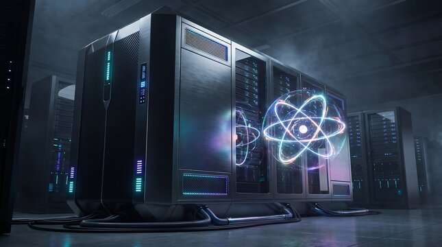 Quantum computing server tower with holographic atom symbol computer technology computing hologram infrastructure hardware