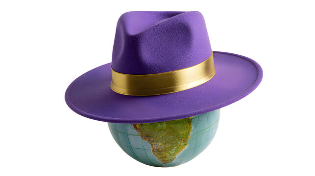 Purple fedora hat with gold band on ceramic globe, isolated on white background