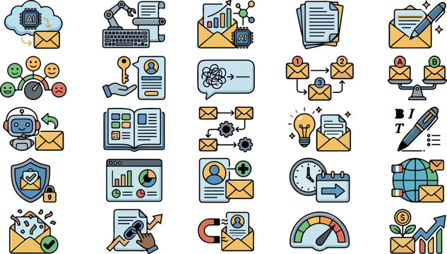 Automated email marketing artificial intelligence copywriting assistant and funnel optimization color vector icon set