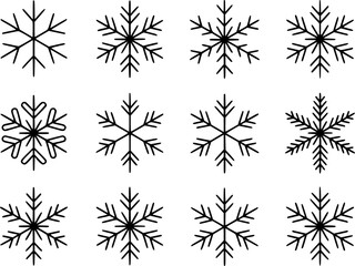 Obraz premium 無地の白い背景に孤立した12種類のユニークな白黒の雪の結晶のコレクション