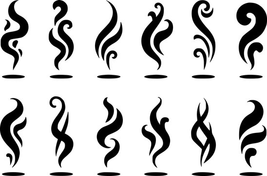 立ち昇る蒸気、煙、または香りの渦巻きを表す12種類のユニークな白黒画のコレクション
