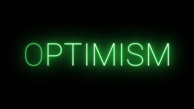 Flickering neon green glowing optimism sign animated black background.