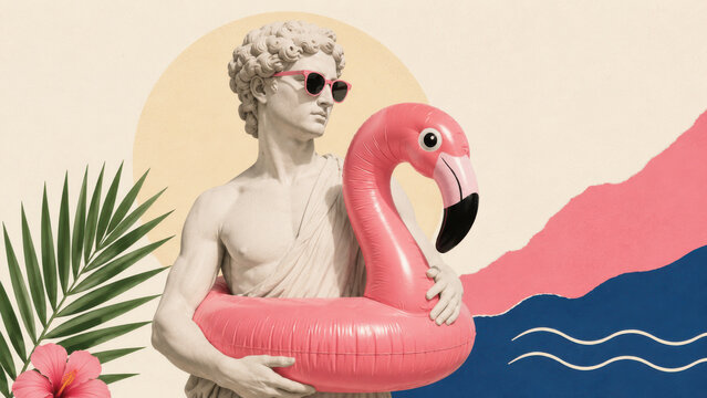 Classical statue holding swimming pool rubber ring on Mediterranean summer vacation