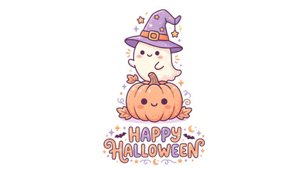 Fototapeta premium Cute ghost wearing witch hat sitting on pumpkin happy halloween pastel kawaii illustration.