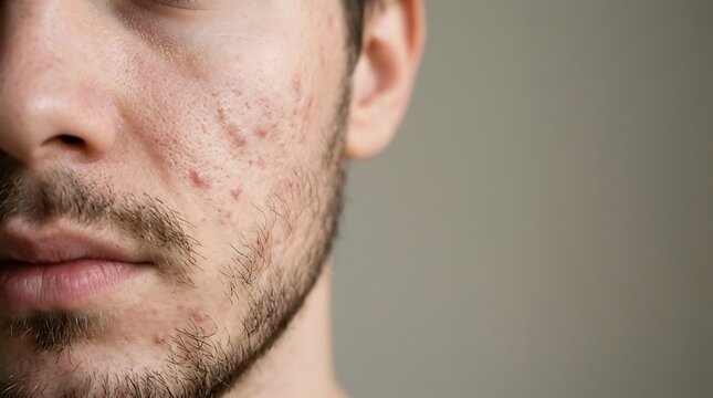 Close up of a man with acne and skin inflammation on his cheek