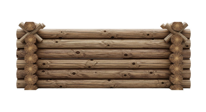 rustic wooden log fence panels with corner posts isolated on transparent background